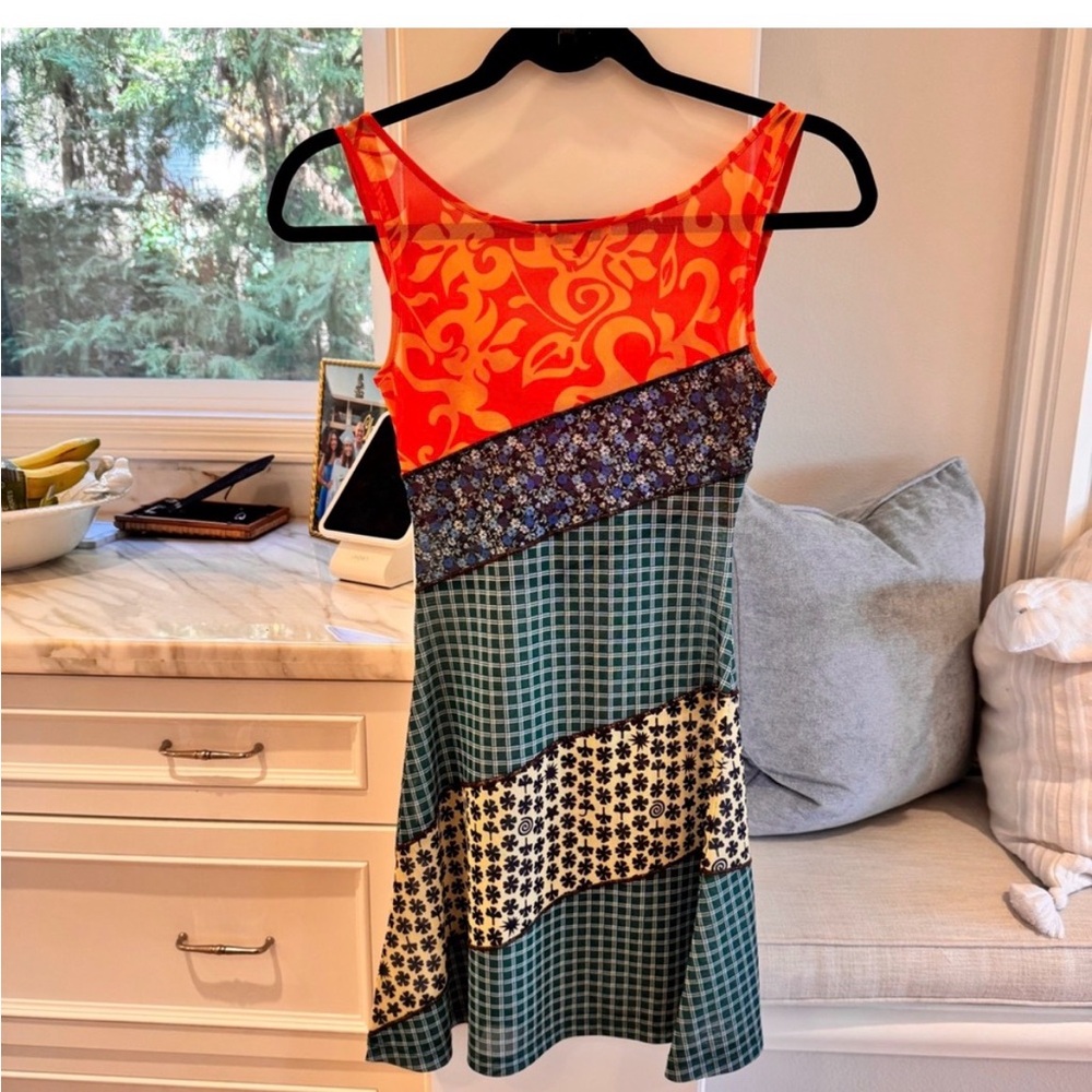 Miaou Asymmetrical Dress in Orange, Blue, and Green